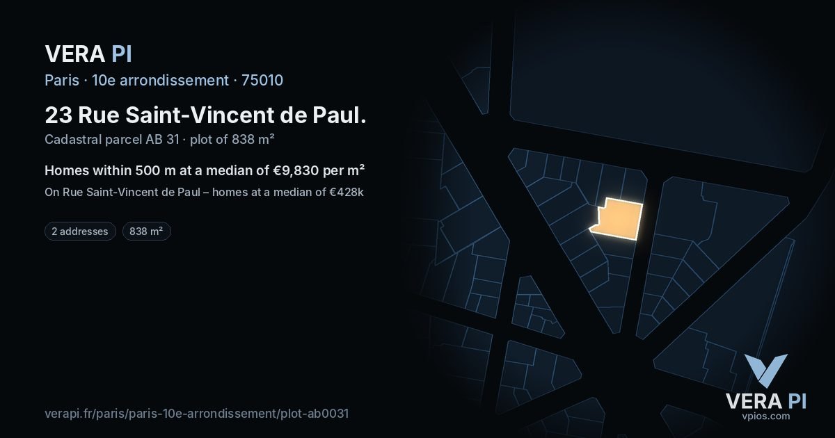 23 Rue Saint-Vincent de Paul, 10e arrondissement at night – the plot lit, the parcels around coloured by the prices near them