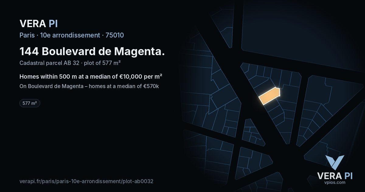 144 Boulevard de Magenta, 10e arrondissement at night – the plot lit, the parcels around coloured by the prices near them