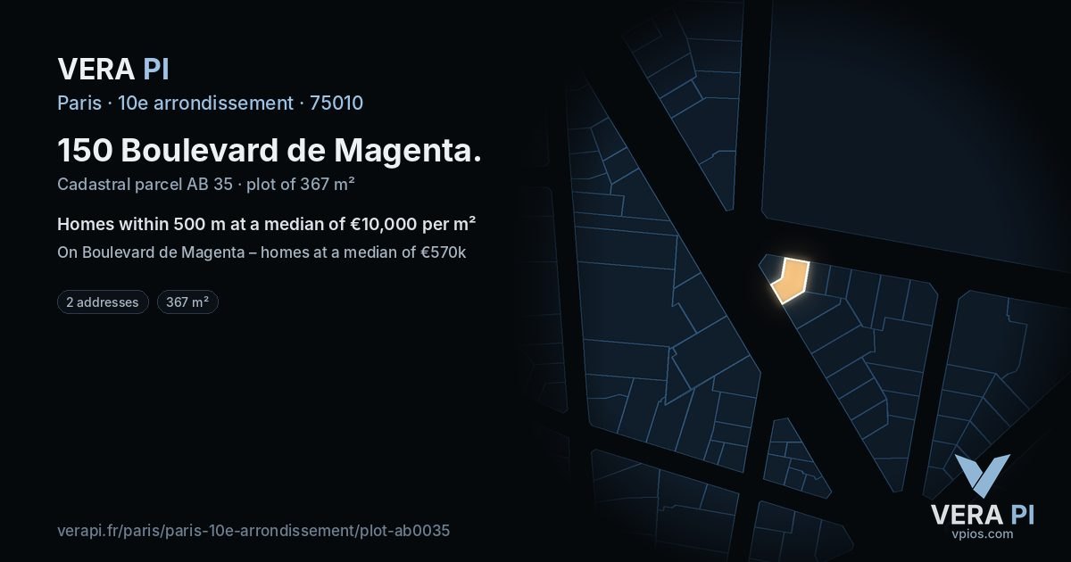 150 Boulevard de Magenta, 10e arrondissement at night – the plot lit, the parcels around coloured by the prices near them