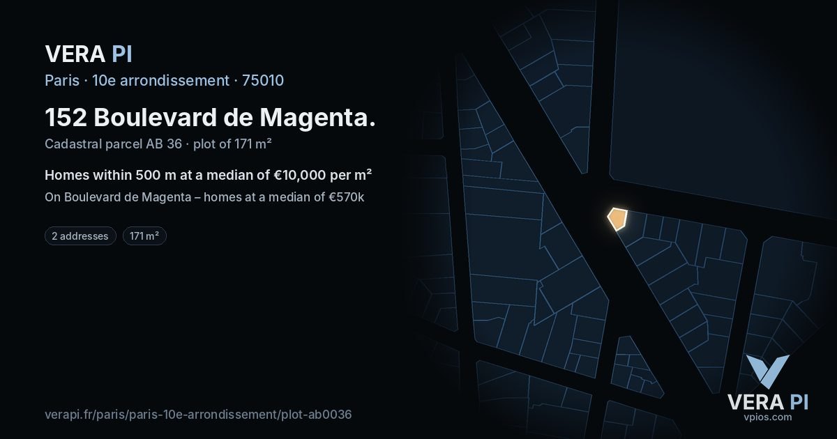 152 Boulevard de Magenta, 10e arrondissement at night – the plot lit, the parcels around coloured by the prices near them
