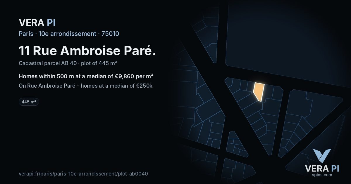 11 Rue Ambroise Paré, 10e arrondissement at night – the plot lit, the parcels around coloured by the prices near them