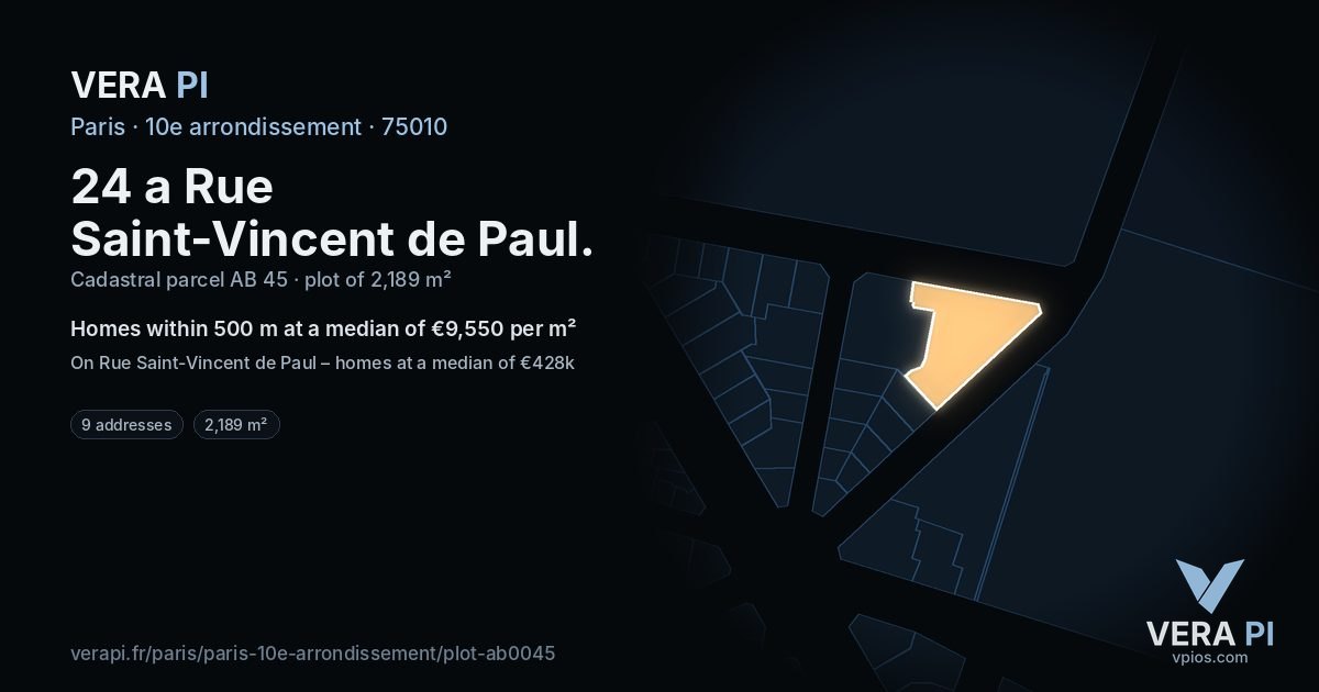 24 a Rue Saint-Vincent de Paul, 10e arrondissement at night – the plot lit, the parcels around coloured by the prices near them