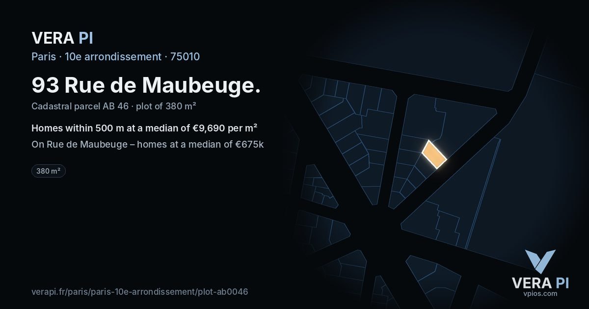 93 Rue de Maubeuge, 10e arrondissement at night – the plot lit, the parcels around coloured by the prices near them