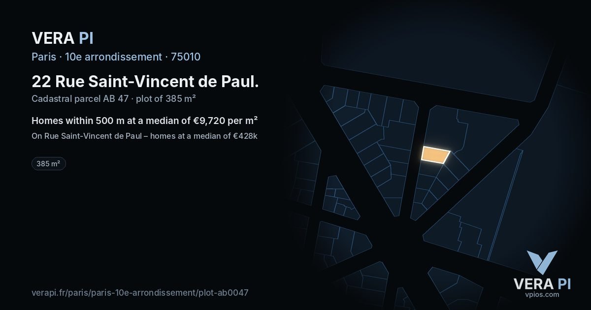 22 Rue Saint-Vincent de Paul, 10e arrondissement at night – the plot lit, the parcels around coloured by the prices near them