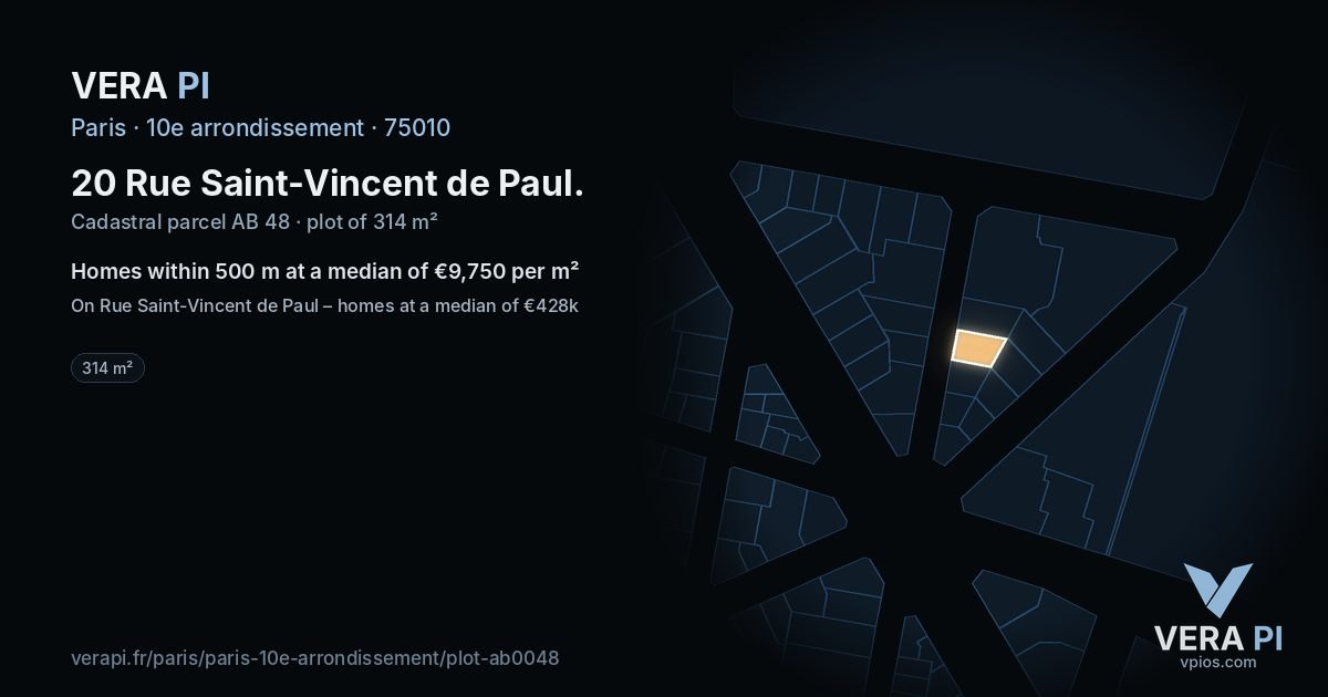 20 Rue Saint-Vincent de Paul, 10e arrondissement at night – the plot lit, the parcels around coloured by the prices near them