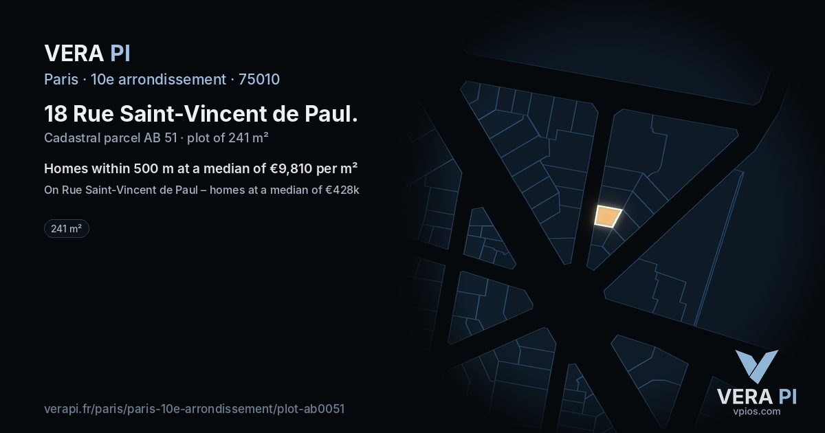 18 Rue Saint-Vincent de Paul, 10e arrondissement at night – the plot lit, the parcels around coloured by the prices near them