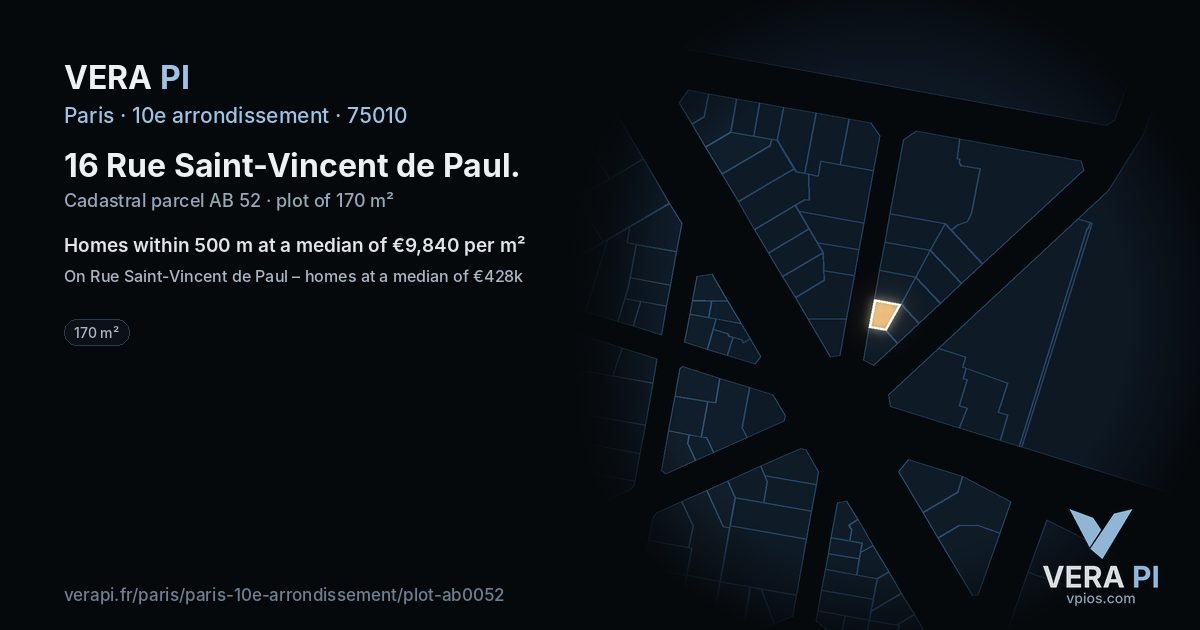 16 Rue Saint-Vincent de Paul, 10e arrondissement at night – the plot lit, the parcels around coloured by the prices near them
