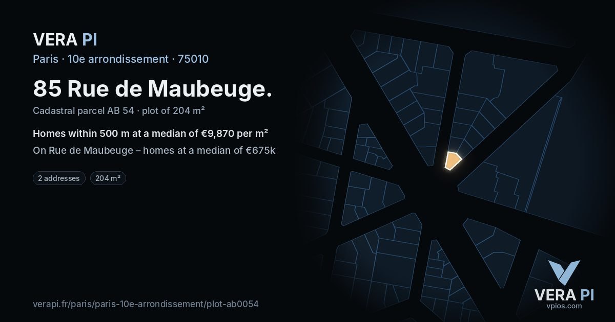 85 Rue de Maubeuge, 10e arrondissement at night – the plot lit, the parcels around coloured by the prices near them