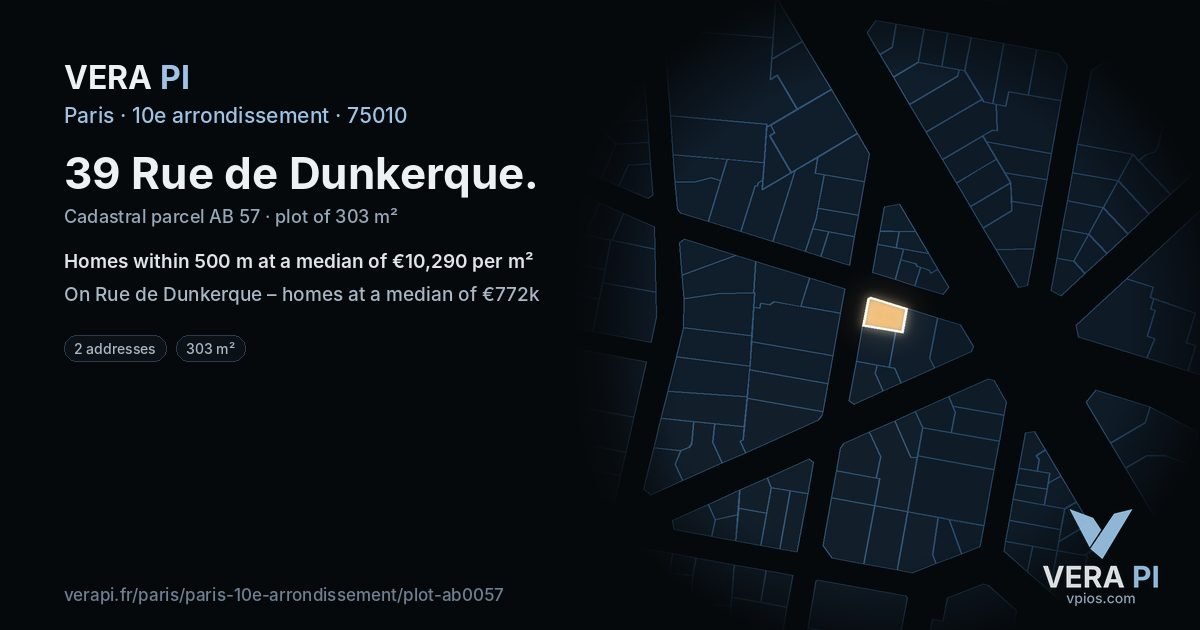 39 Rue de Dunkerque, 10e arrondissement at night – the plot lit, the parcels around coloured by the prices near them