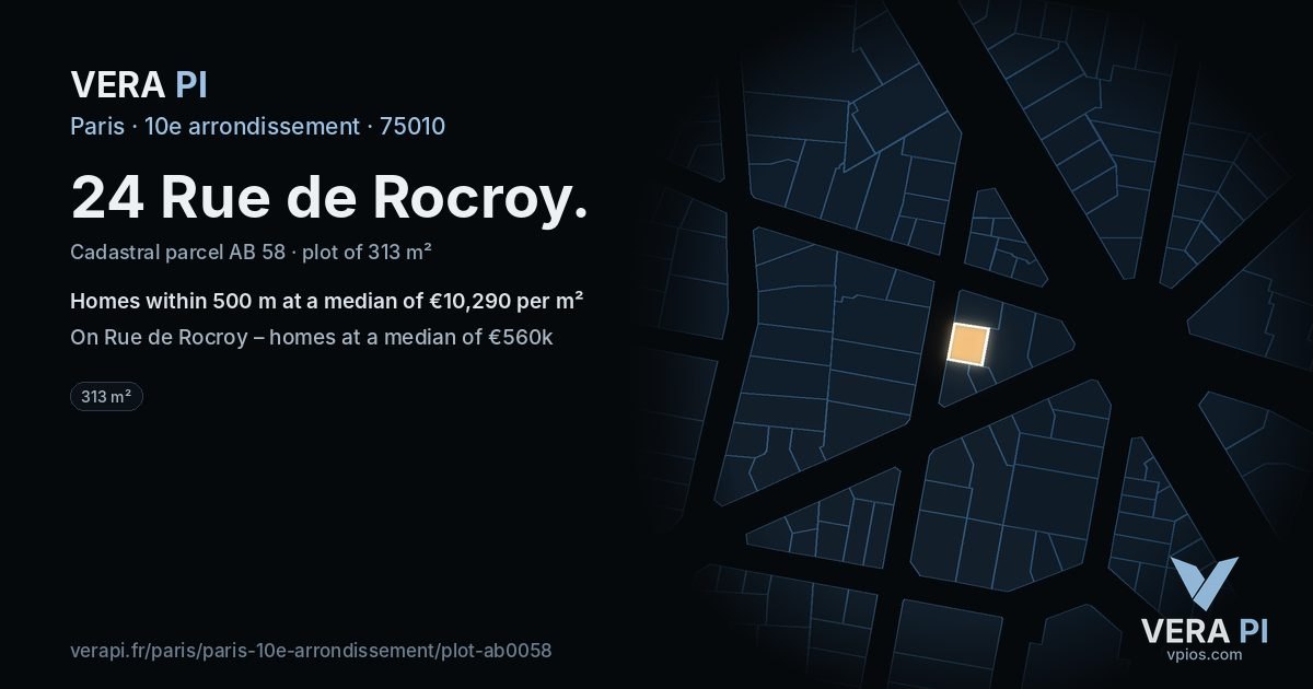 24 Rue de Rocroy, 10e arrondissement at night – the plot lit, the parcels around coloured by the prices near them