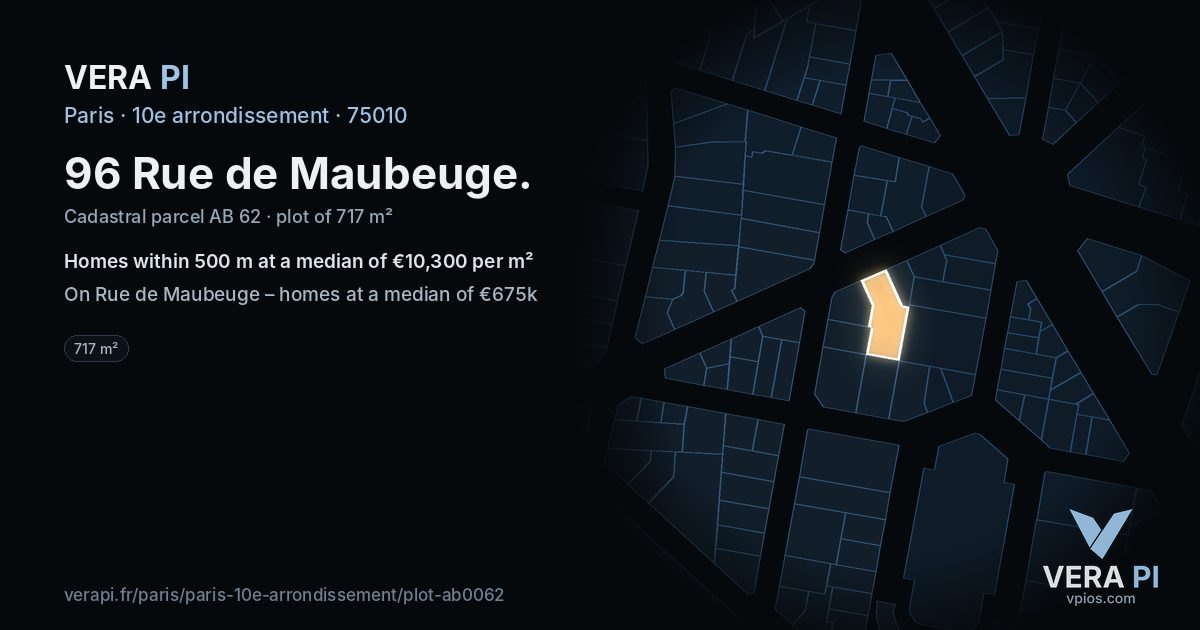 96 Rue de Maubeuge, 10e arrondissement at night – the plot lit, the parcels around coloured by the prices near them