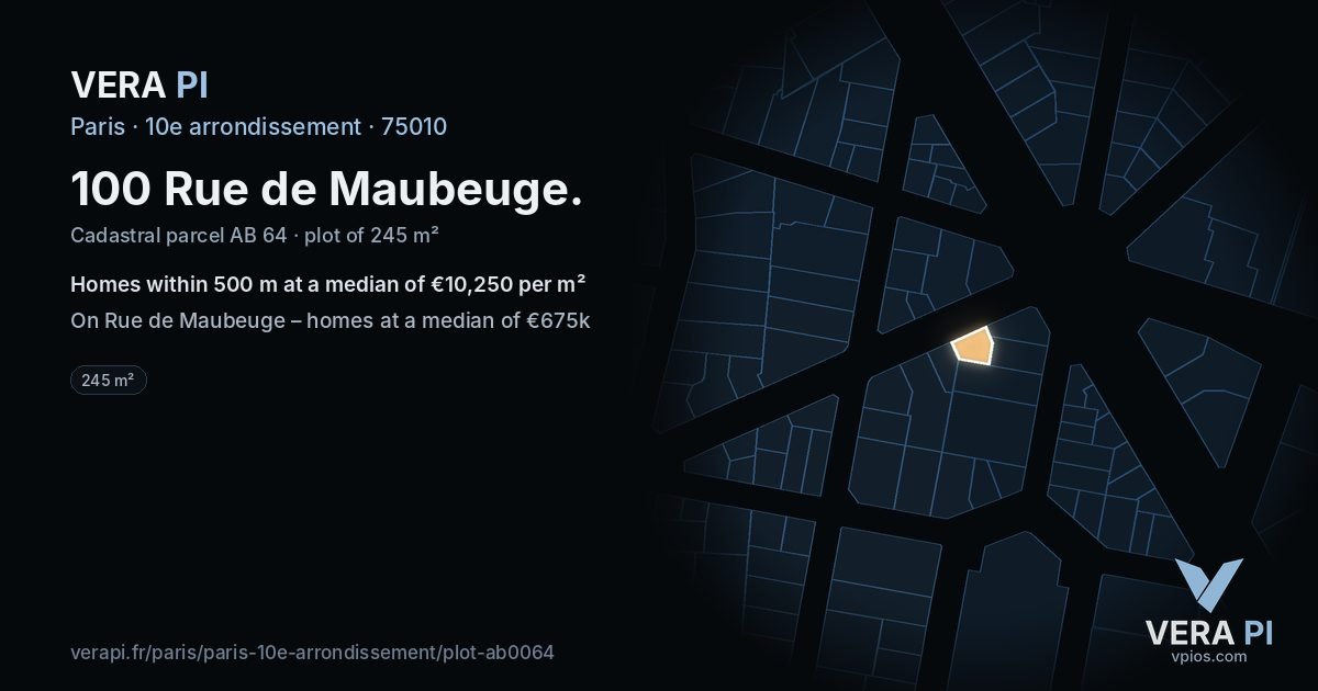 100 Rue de Maubeuge, 10e arrondissement at night – the plot lit, the parcels around coloured by the prices near them