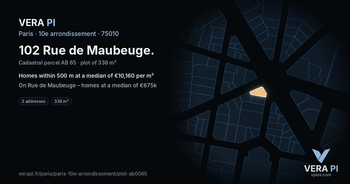 102 Rue de Maubeuge, 10e arrondissement at night – the plot lit, the parcels around coloured by the prices near them