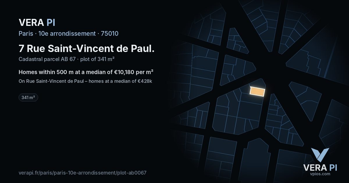 7 Rue Saint-Vincent de Paul, 10e arrondissement at night – the plot lit, the parcels around coloured by the prices near them