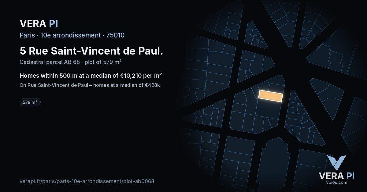 5 Rue Saint-Vincent de Paul, 10e arrondissement at night – the plot lit, the parcels around coloured by the prices near them