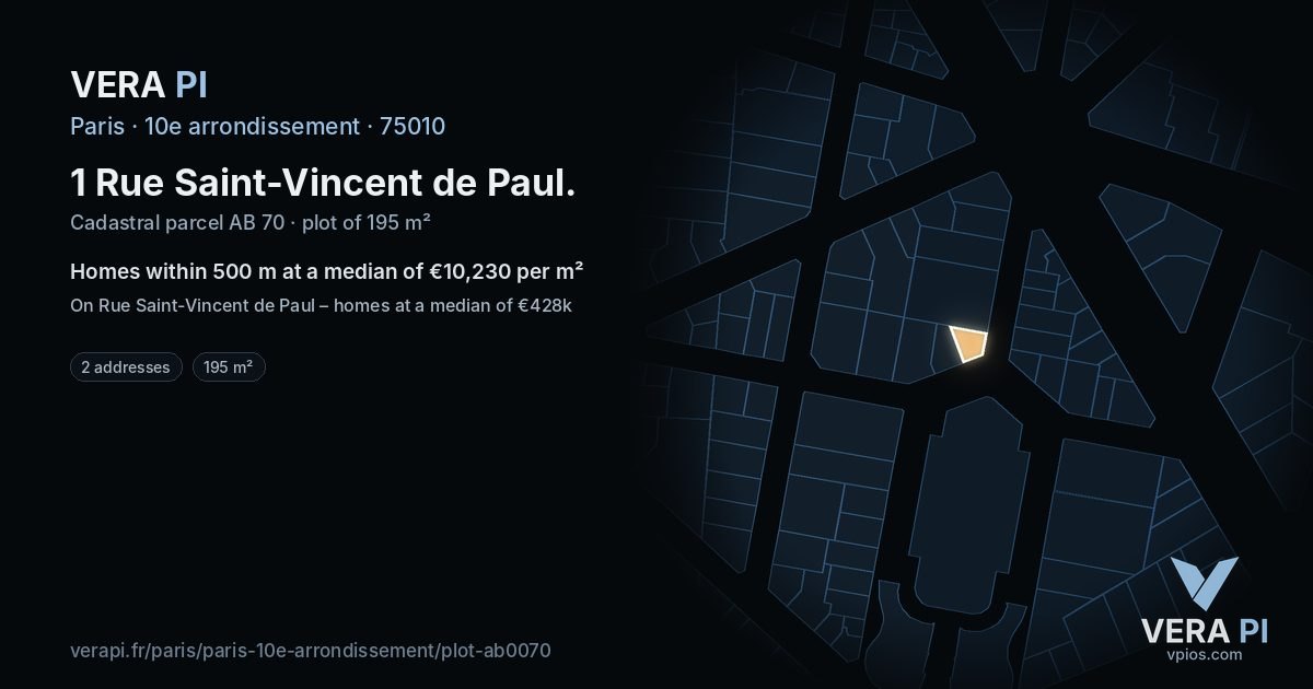 1 Rue Saint-Vincent de Paul, 10e arrondissement at night – the plot lit, the parcels around coloured by the prices near them
