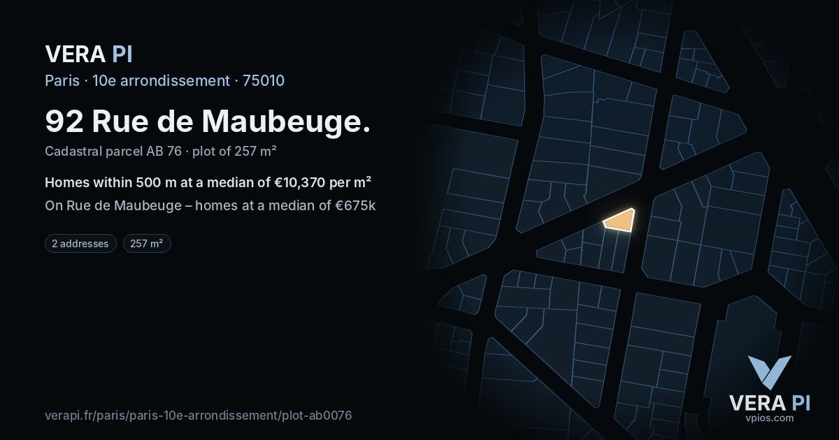 92 Rue de Maubeuge, 10e arrondissement at night – the plot lit, the parcels around coloured by the prices near them