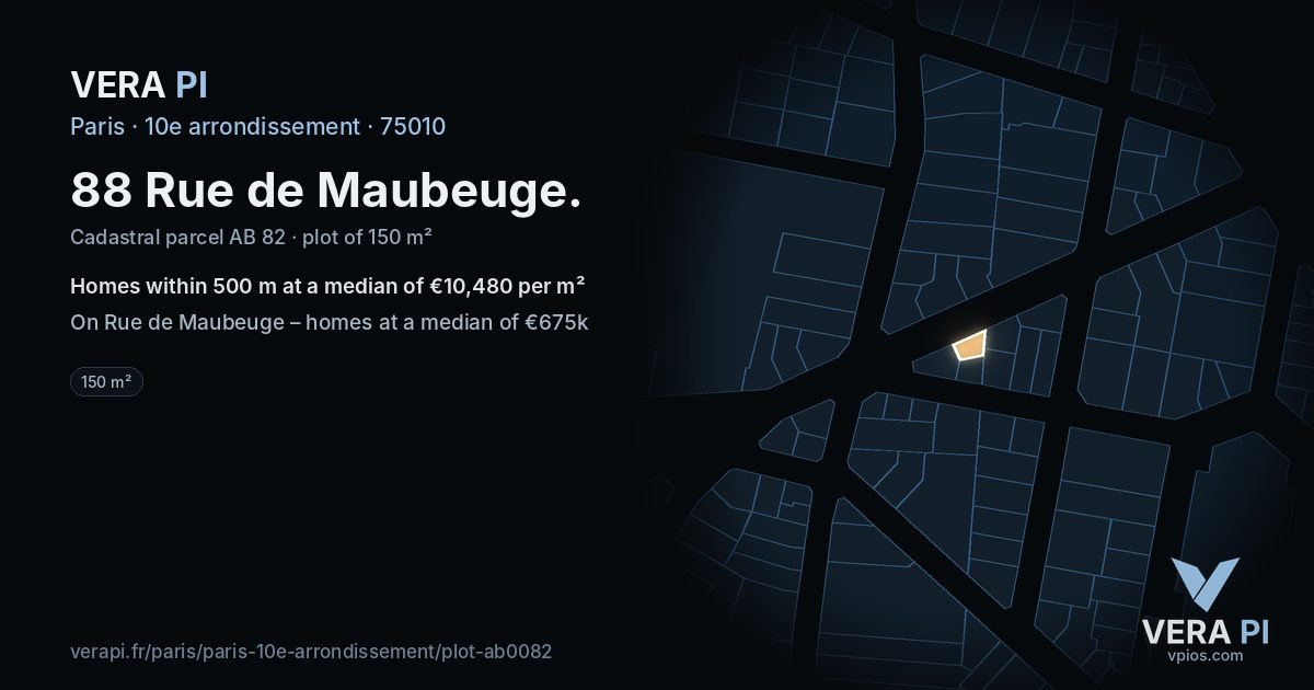 88 Rue de Maubeuge, 10e arrondissement at night – the plot lit, the parcels around coloured by the prices near them
