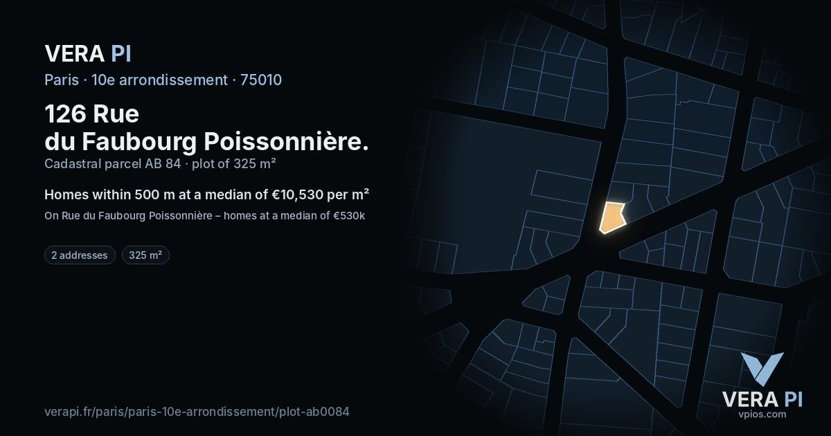 126 Rue du Faubourg Poissonnière, 10e arrondissement at night – the plot lit, the parcels around coloured by the prices near them