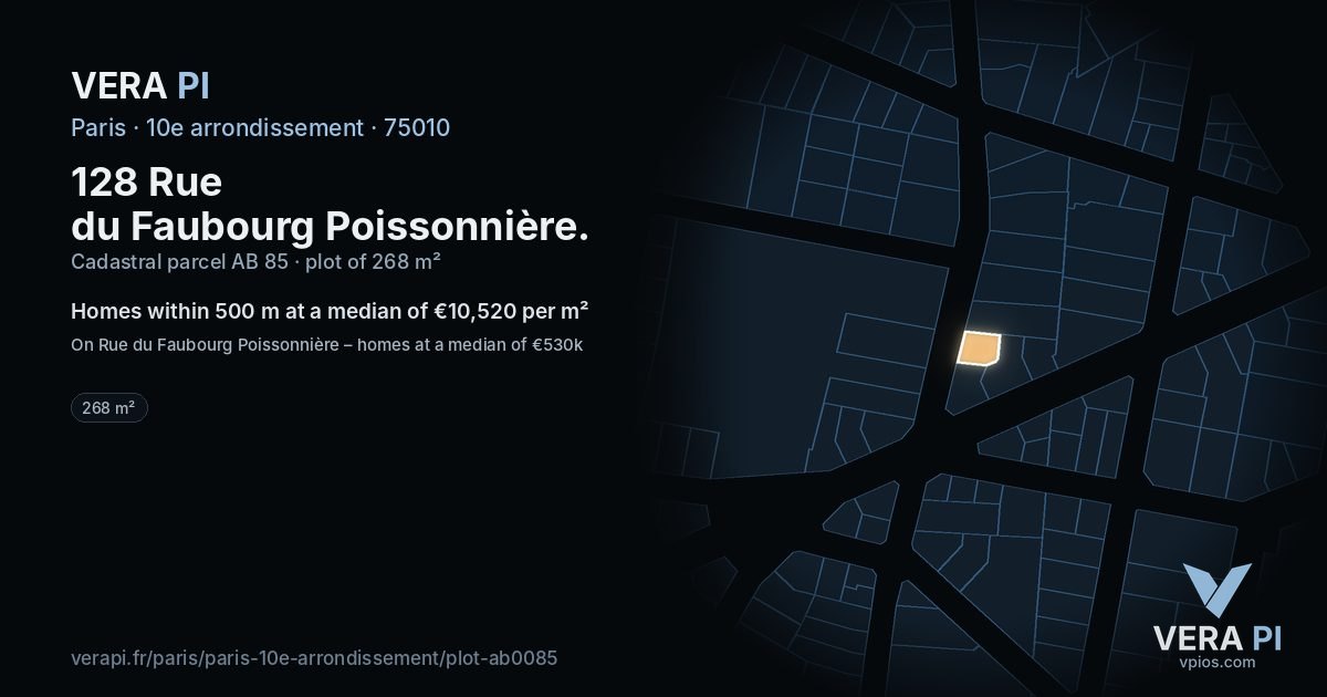 128 Rue du Faubourg Poissonnière, 10e arrondissement at night – the plot lit, the parcels around coloured by the prices near them