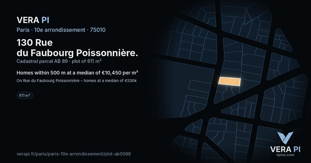 130 Rue du Faubourg Poissonnière, 10e arrondissement at night – the plot lit, the parcels around coloured by the prices near them