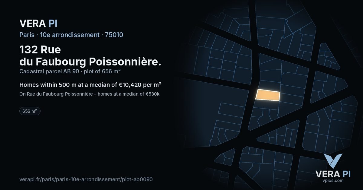 132 Rue du Faubourg Poissonnière, 10e arrondissement at night – the plot lit, the parcels around coloured by the prices near them