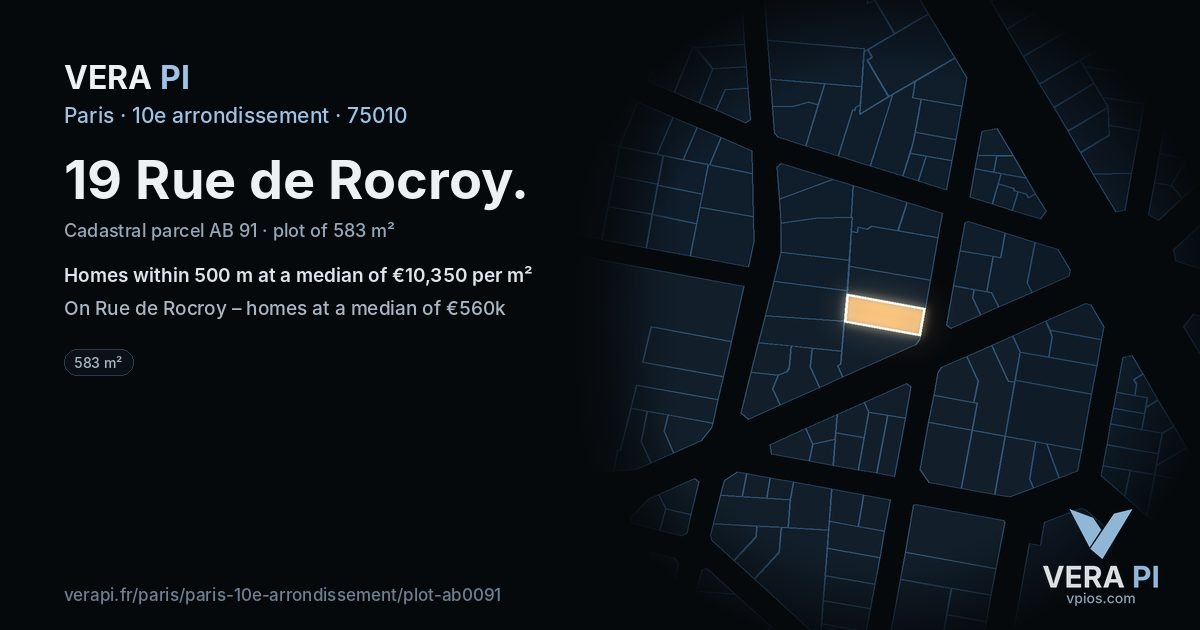19 Rue de Rocroy, 10e arrondissement at night – the plot lit, the parcels around coloured by the prices near them