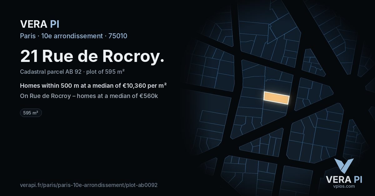21 Rue de Rocroy, 10e arrondissement at night – the plot lit, the parcels around coloured by the prices near them