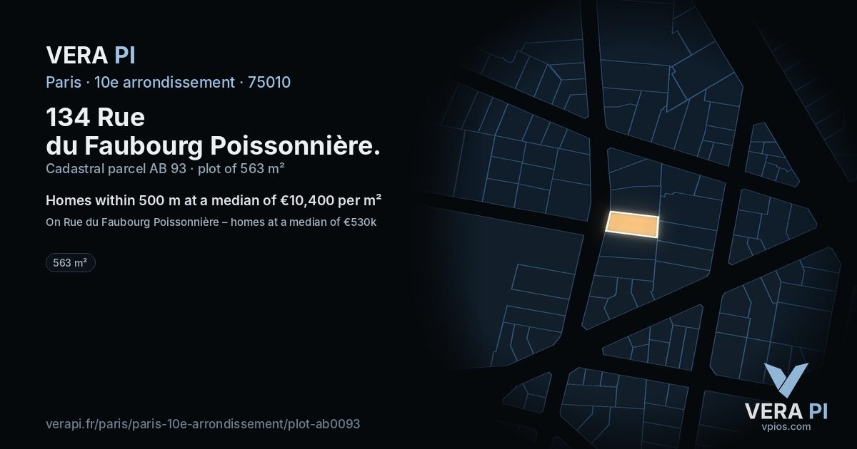 134 Rue du Faubourg Poissonnière, 10e arrondissement at night – the plot lit, the parcels around coloured by the prices near them