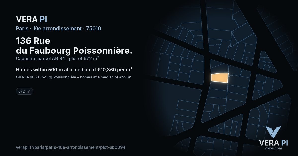 136 Rue du Faubourg Poissonnière, 10e arrondissement at night – the plot lit, the parcels around coloured by the prices near them