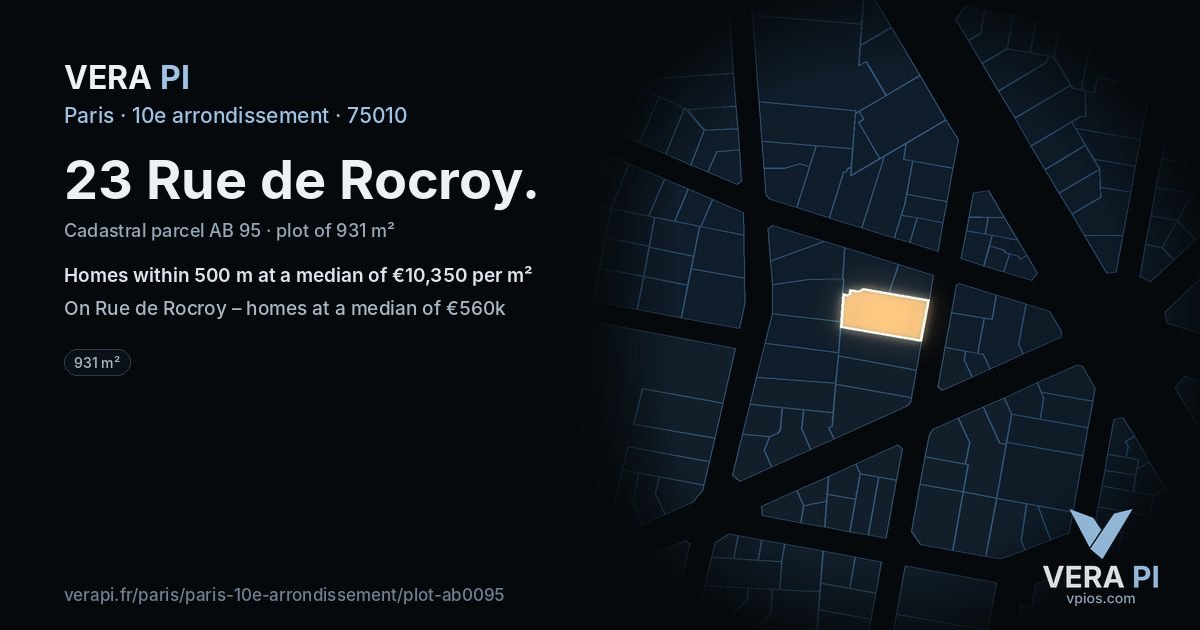 23 Rue de Rocroy, 10e arrondissement at night – the plot lit, the parcels around coloured by the prices near them
