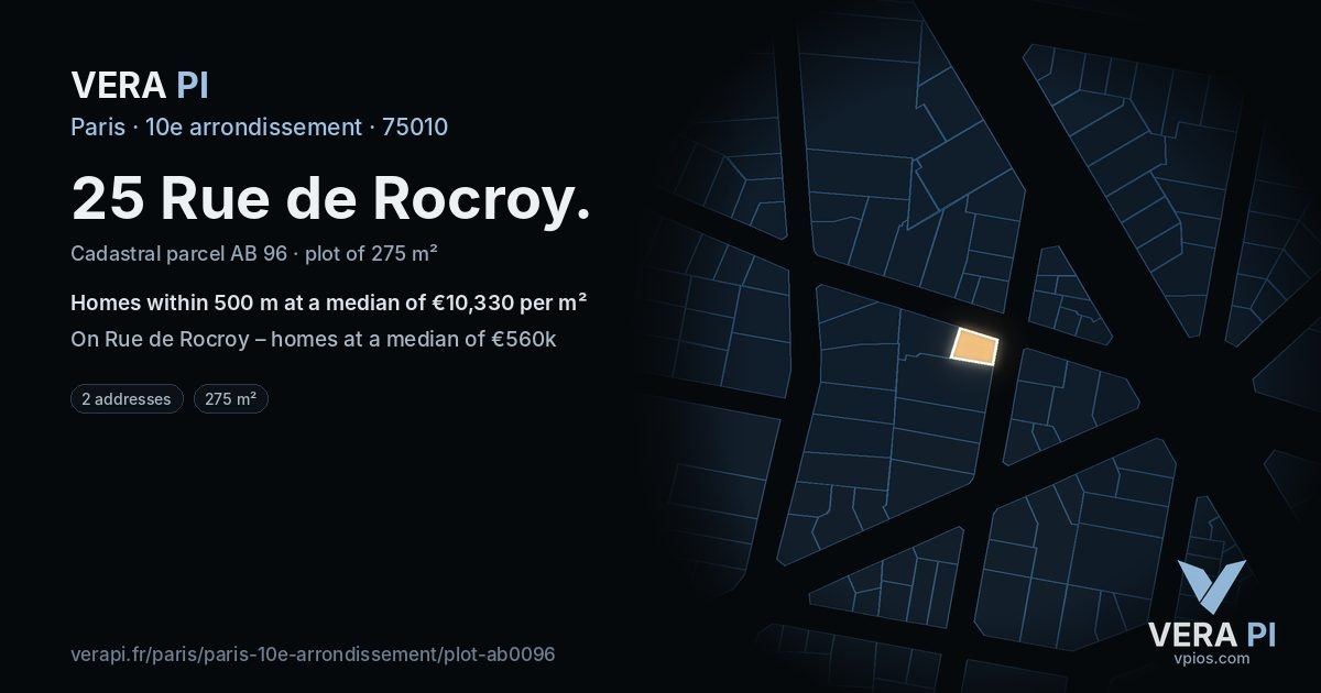 25 Rue de Rocroy, 10e arrondissement at night – the plot lit, the parcels around coloured by the prices near them