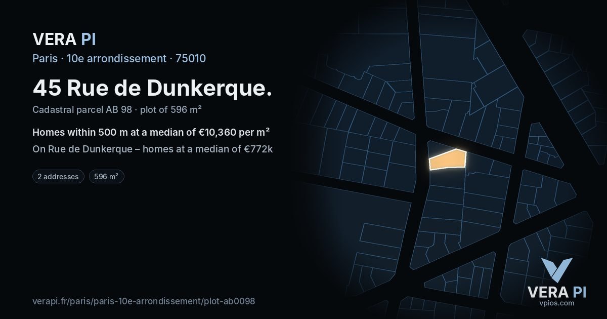45 Rue de Dunkerque, 10e arrondissement at night – the plot lit, the parcels around coloured by the prices near them