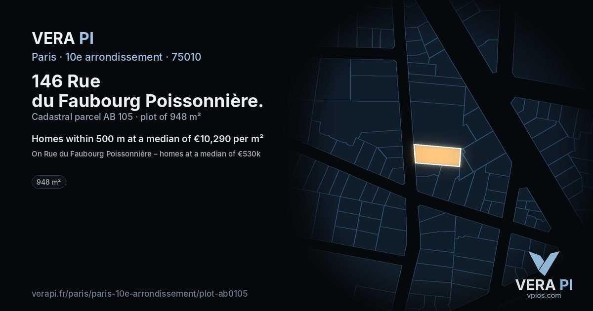 146 Rue du Faubourg Poissonnière, 10e arrondissement at night – the plot lit, the parcels around coloured by the prices near them