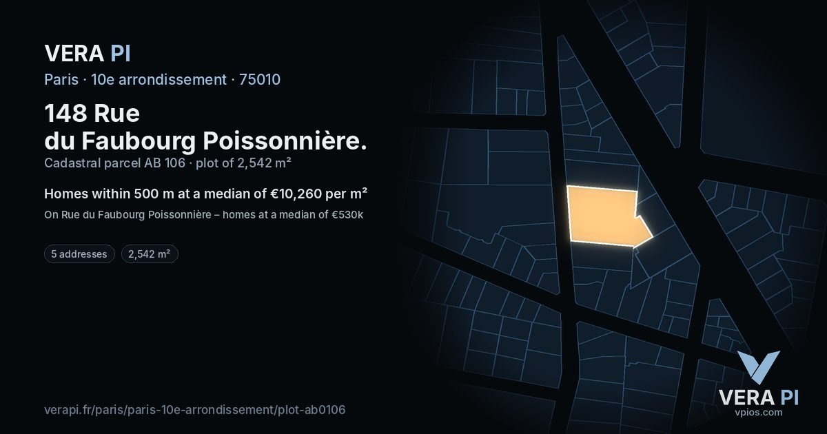 148 Rue du Faubourg Poissonnière, 10e arrondissement at night – the plot lit, the parcels around coloured by the prices near them