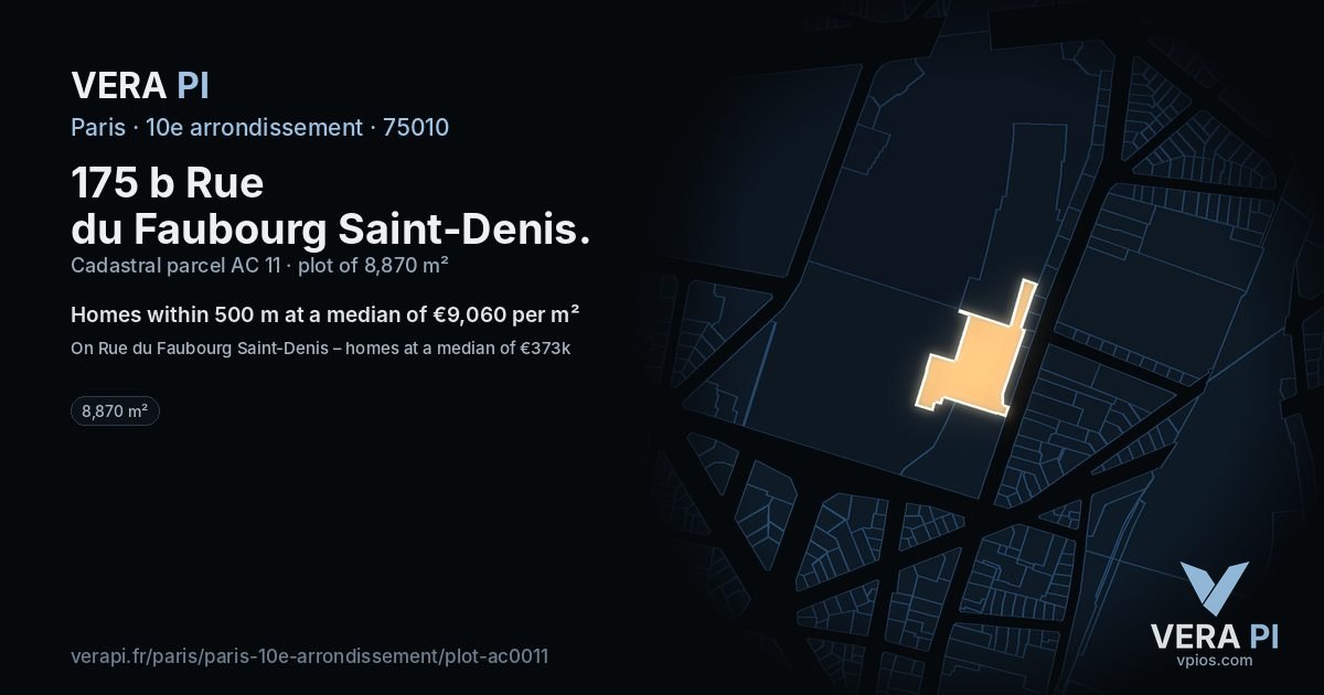 175 b Rue du Faubourg Saint-Denis, 10e arrondissement at night – the plot lit, the parcels around coloured by the prices near them