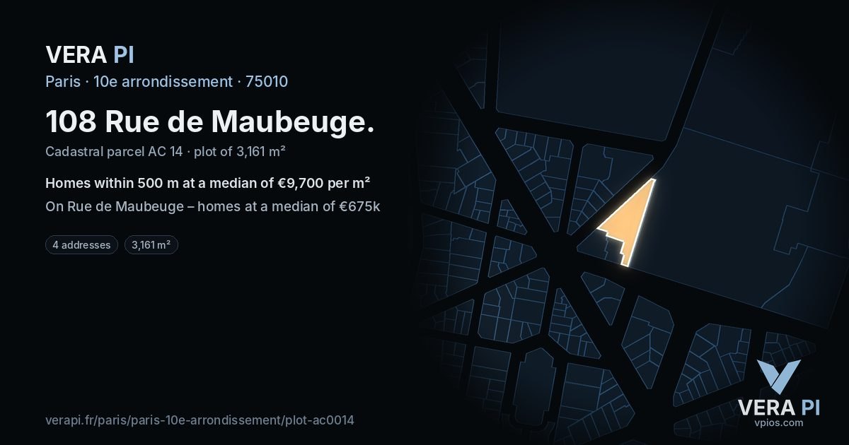 108 Rue de Maubeuge, 10e arrondissement at night – the plot lit, the parcels around coloured by the prices near them