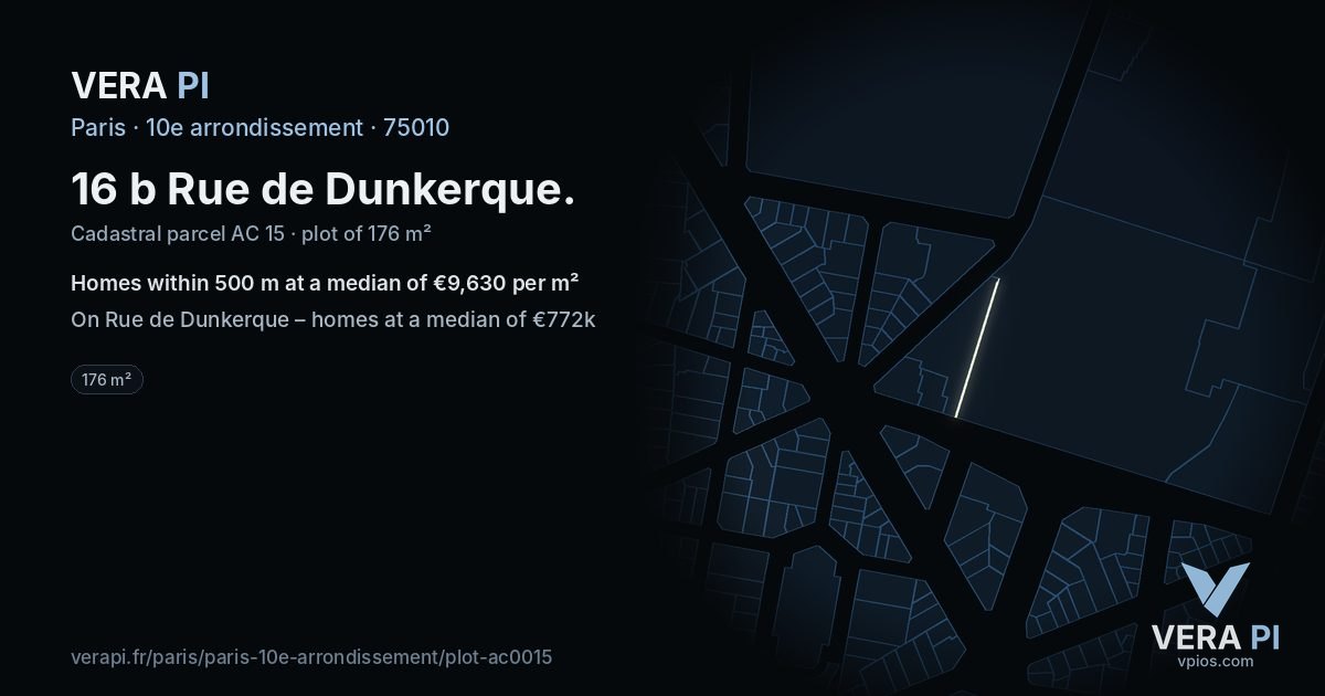 16 b Rue de Dunkerque, 10e arrondissement at night – the plot lit, the parcels around coloured by the prices near them