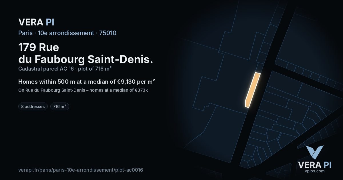 179 Rue du Faubourg Saint-Denis, 10e arrondissement at night – the plot lit, the parcels around coloured by the prices near them