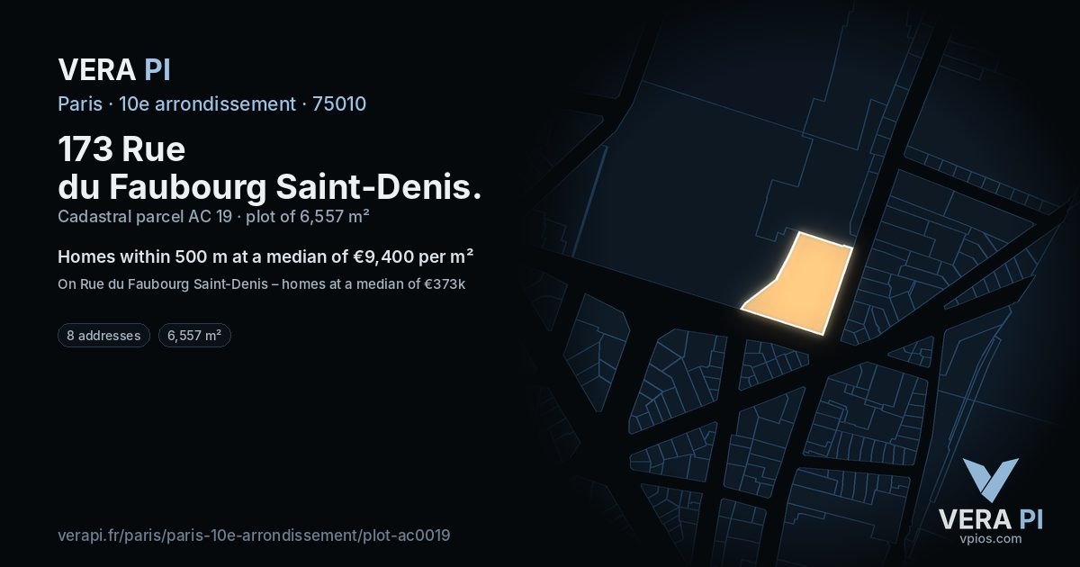 173 Rue du Faubourg Saint-Denis, 10e arrondissement at night – the plot lit, the parcels around coloured by the prices near them