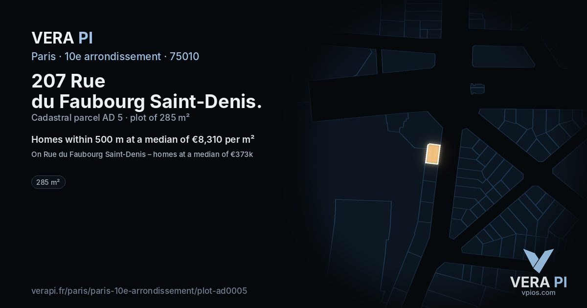 207 Rue du Faubourg Saint-Denis, 10e arrondissement at night – the plot lit, the parcels around coloured by the prices near them