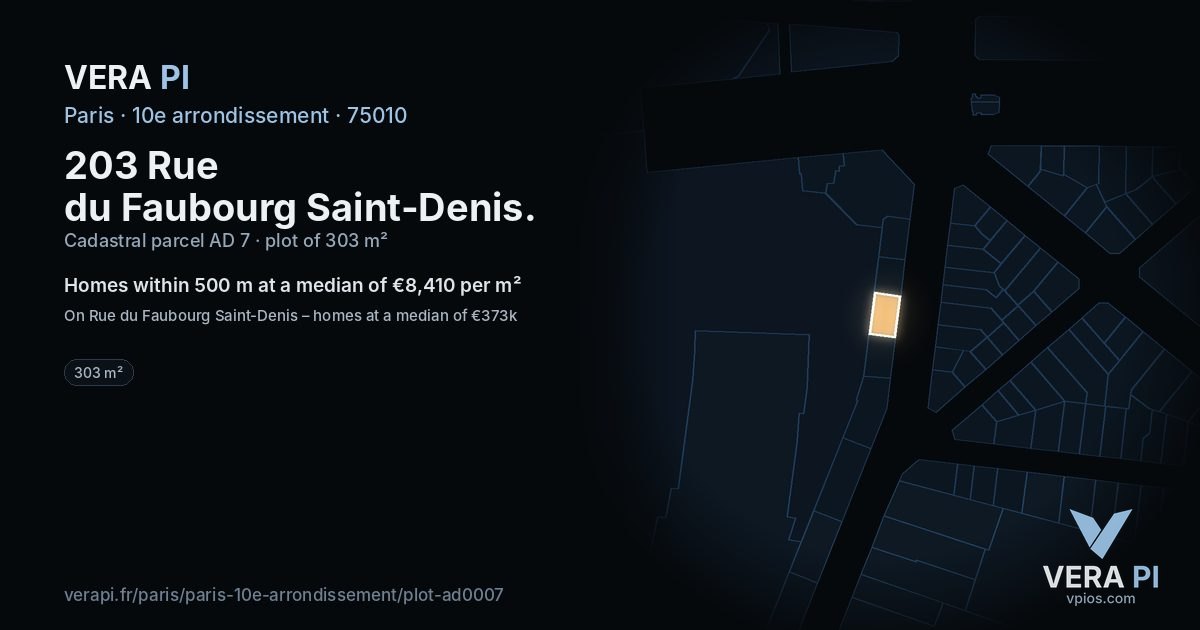 203 Rue du Faubourg Saint-Denis, 10e arrondissement at night – the plot lit, the parcels around coloured by the prices near them