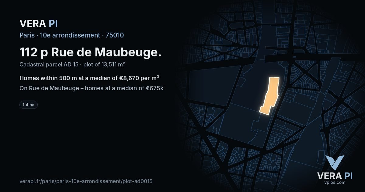 112 p Rue de Maubeuge, 10e arrondissement at night – the plot lit, the parcels around coloured by the prices near them