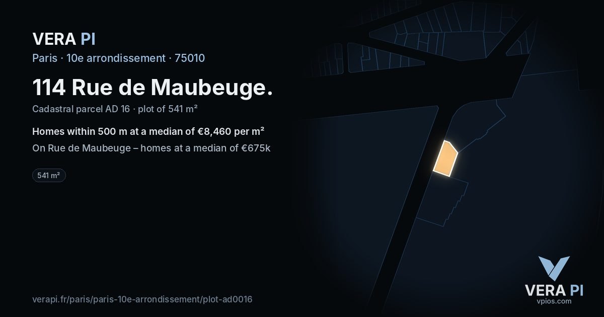 114 Rue de Maubeuge, 10e arrondissement at night – the plot lit, the parcels around coloured by the prices near them