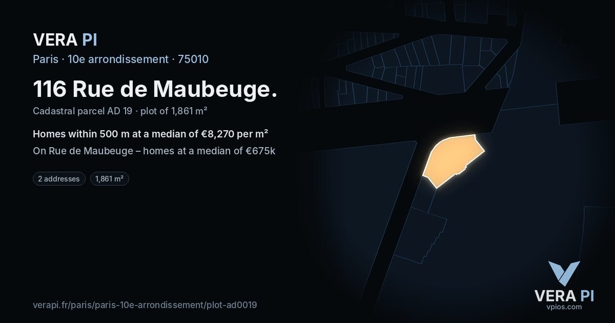 116 Rue de Maubeuge, 10e arrondissement at night – the plot lit, the parcels around coloured by the prices near them
