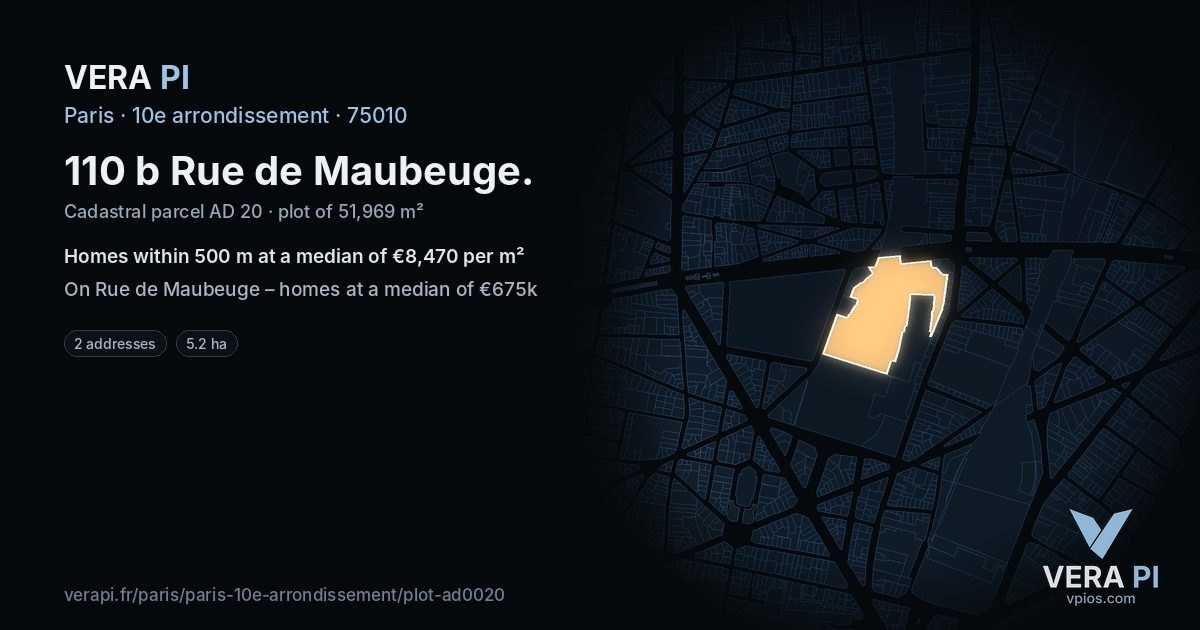110 b Rue de Maubeuge, 10e arrondissement at night – the plot lit, the parcels around coloured by the prices near them