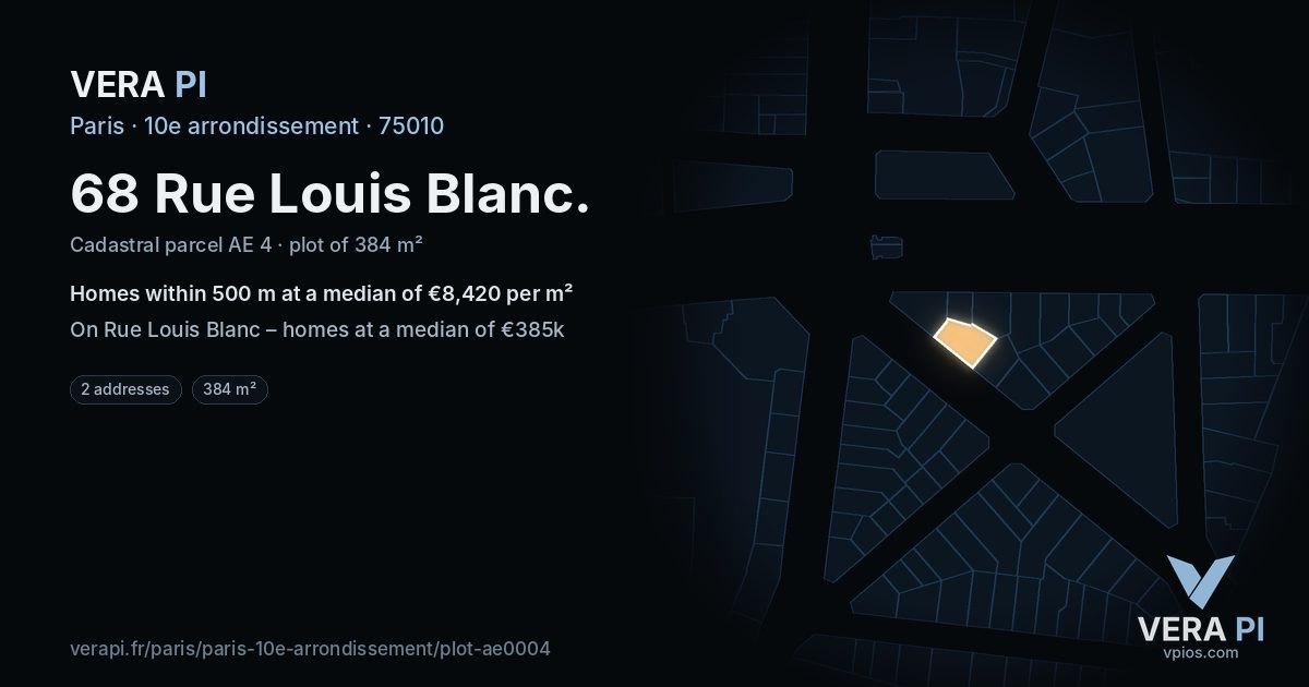 68 Rue Louis Blanc, 10e arrondissement at night – the plot lit, the parcels around coloured by the prices near them