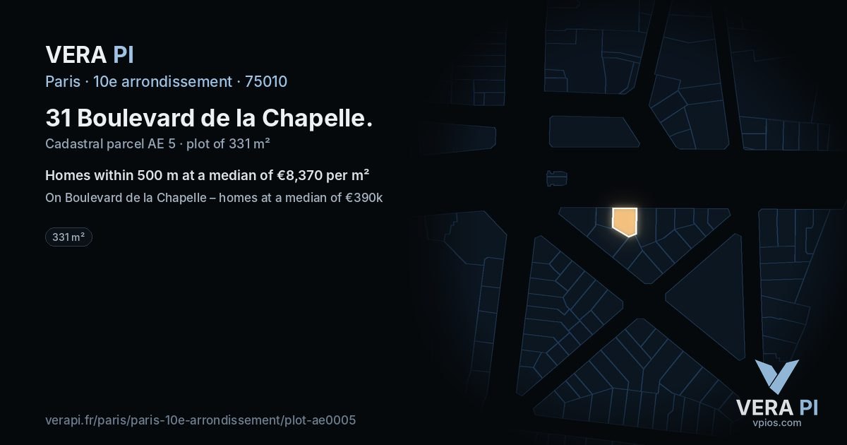 31 Boulevard de la Chapelle, 10e arrondissement at night – the plot lit, the parcels around coloured by the prices near them
