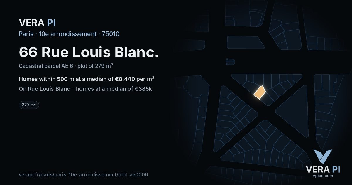 66 Rue Louis Blanc, 10e arrondissement at night – the plot lit, the parcels around coloured by the prices near them