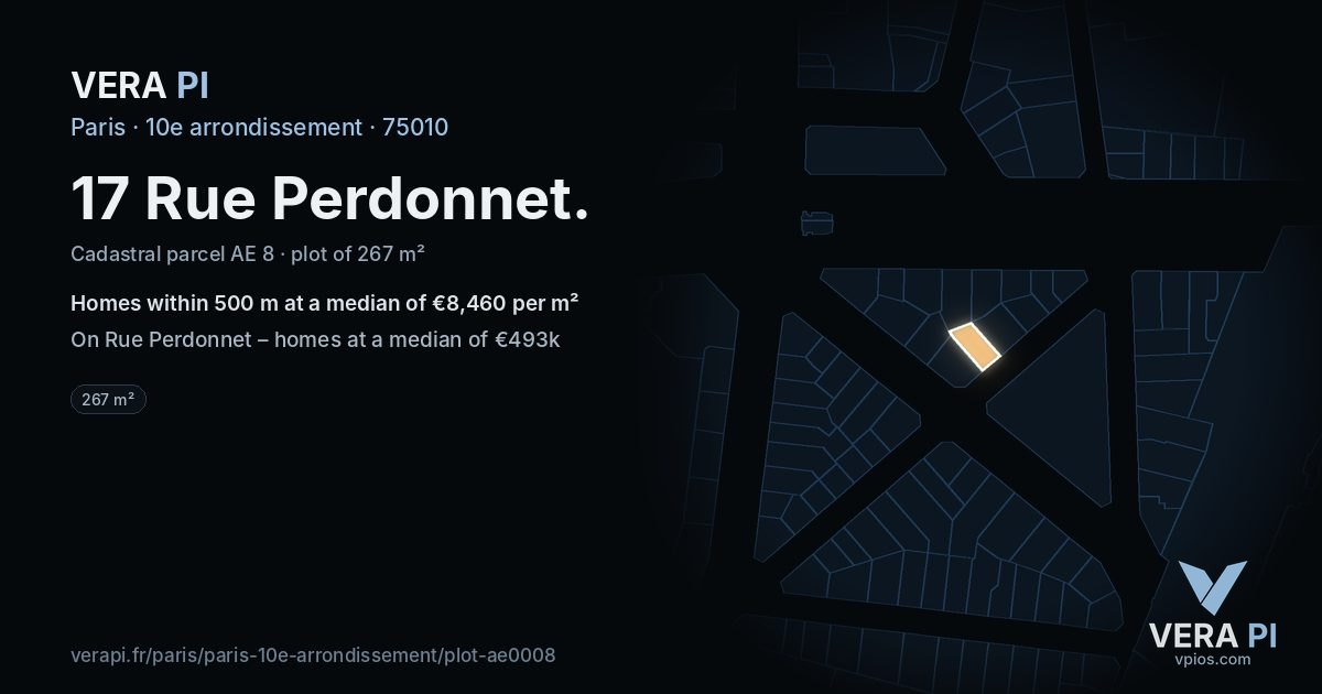 17 Rue Perdonnet, 10e arrondissement at night – the plot lit, the parcels around coloured by the prices near them